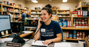Food bank staff member speaking with a donor during a donor stewardship phone call.