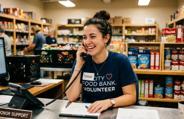 Food bank staff member speaking with a donor during a donor stewardship phone call.