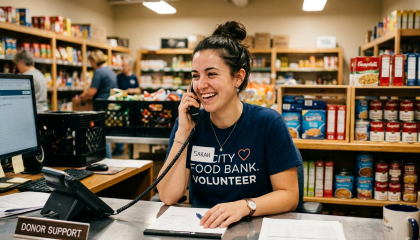 Food bank staff member speaking with a donor during a donor stewardship phone call.