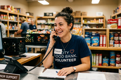 Food bank staff member speaking with a donor during a donor stewardship phone call.